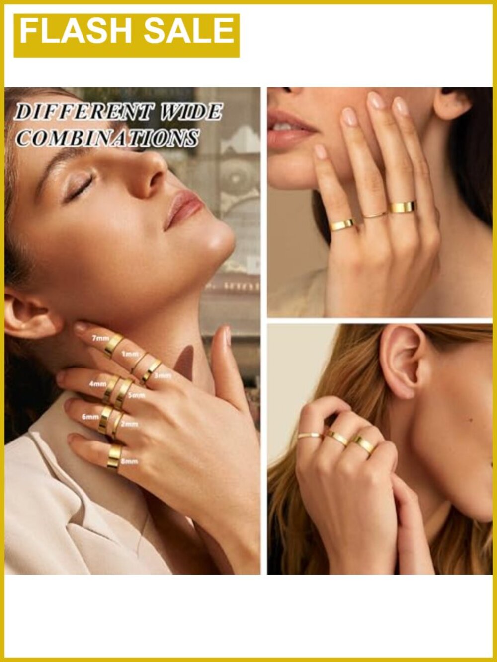 14K Gold Plated Stainless Steel Stackable Rings Set 8pc - Picture 2 of 6